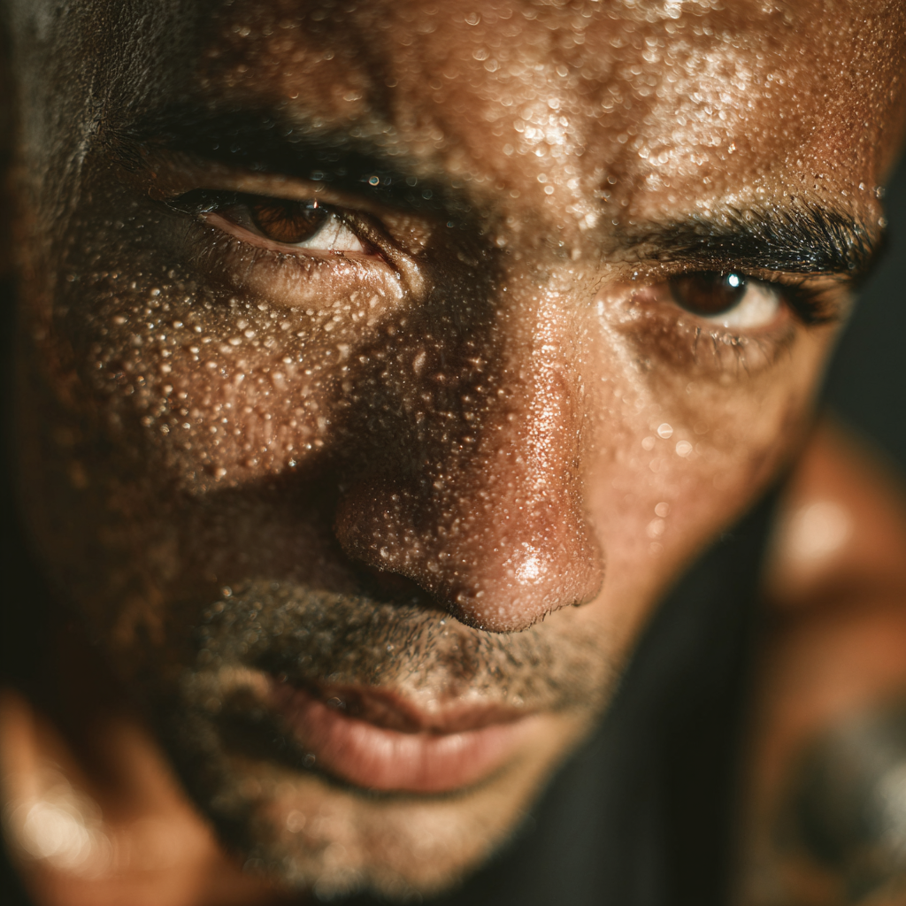 focused athlete during intense workout session with sweat and determination visible