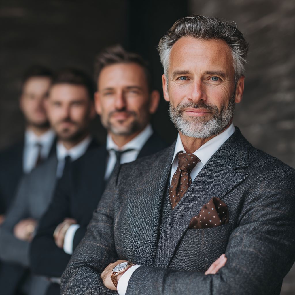 group of successful men in professional attire showing confidence and achievement